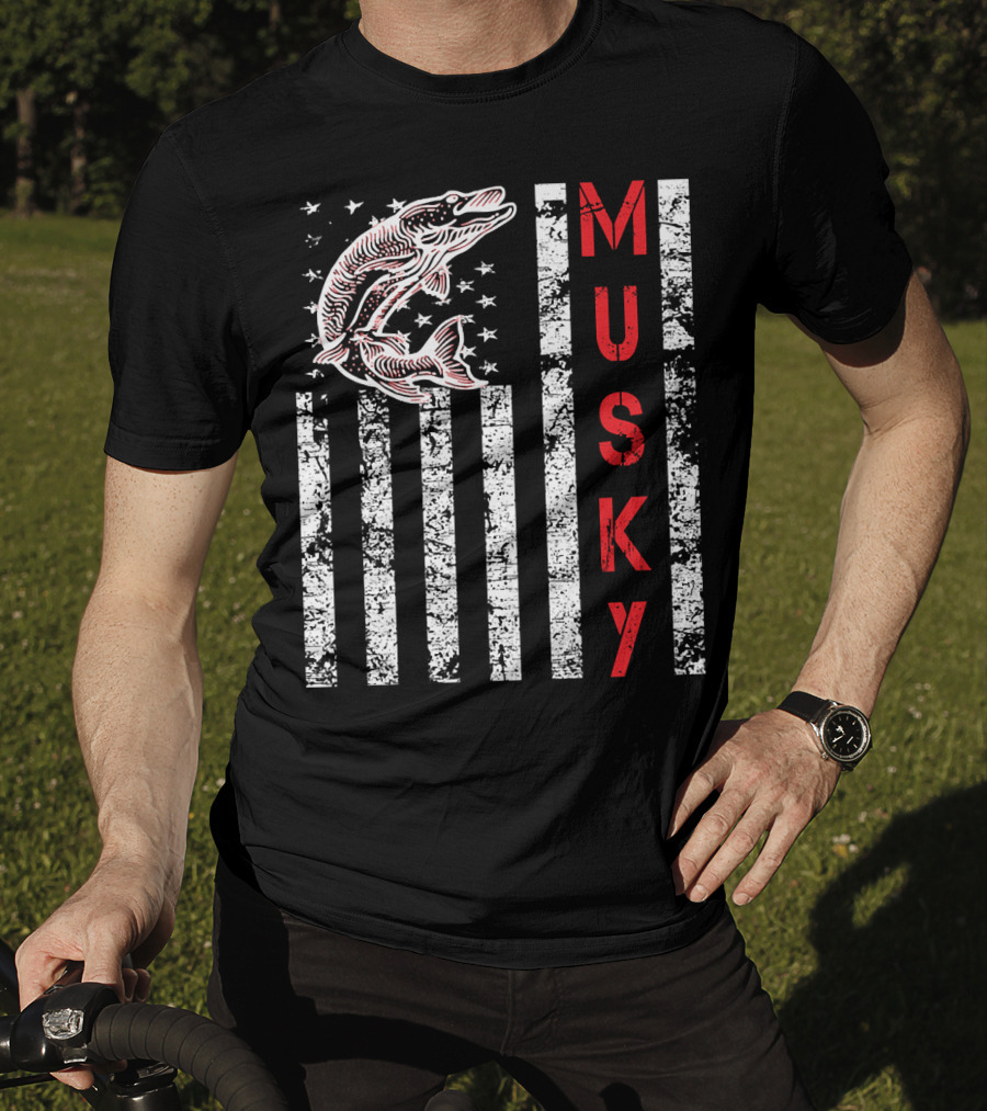 Musky Fishing Distressed Flag With Musky Catch And Stars T-Shirt