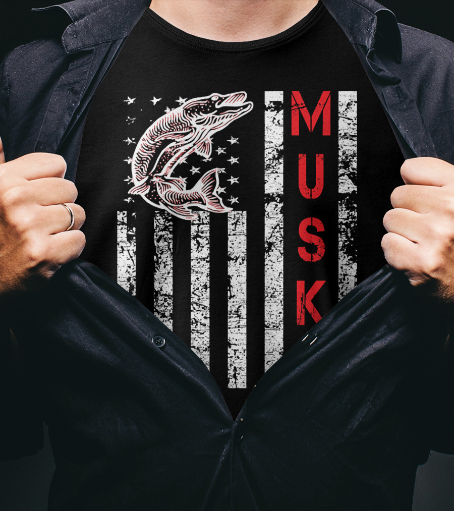Musky Fishing Distressed Flag With Musky Catch And Stars T-Shirt