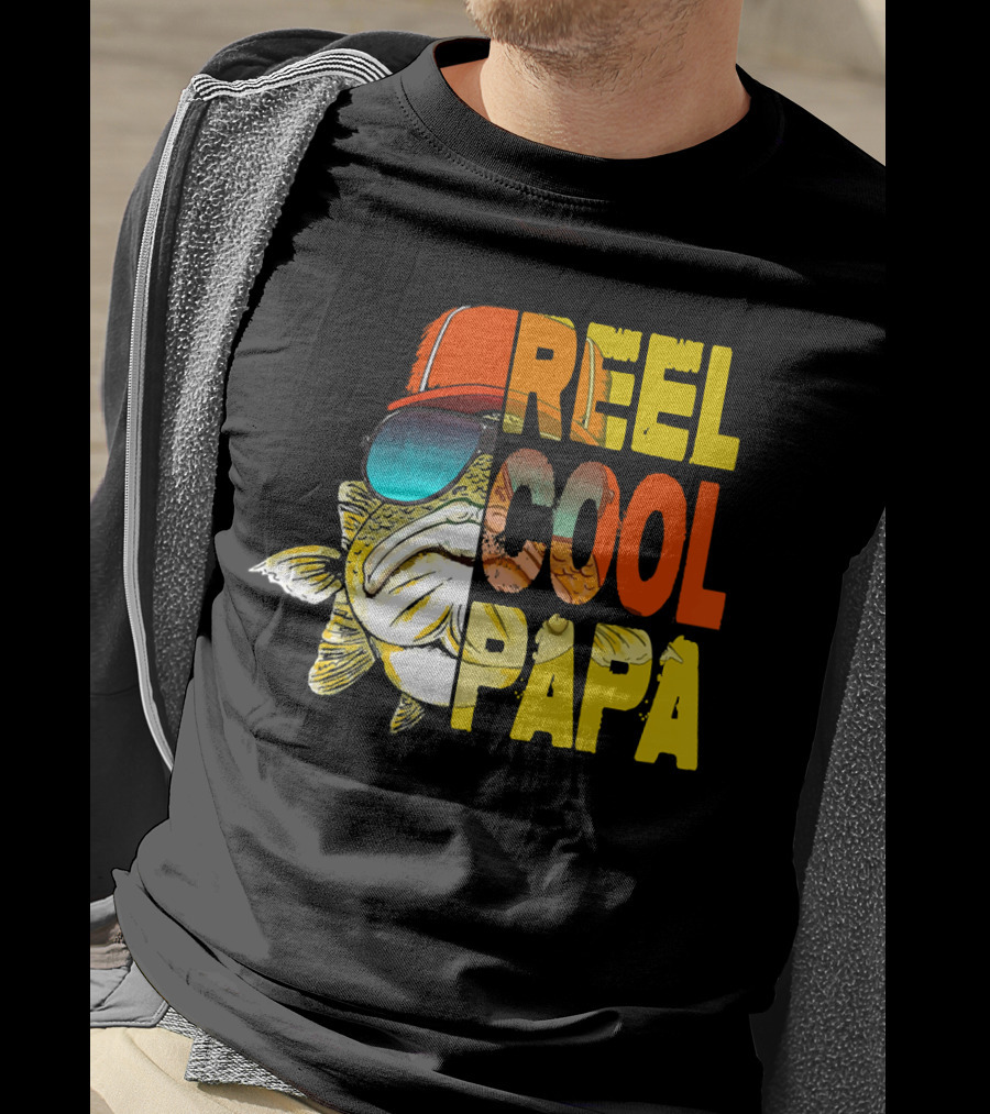 Fathers Day Fishing Reel Cool Papa Fish Wearing Hat Sunglasses T-Shirt
