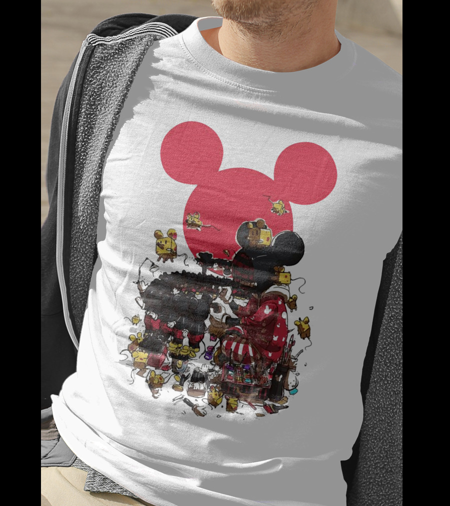 Mickey Mouse Red Circle Artist Scene With Small Characters T-Shirt