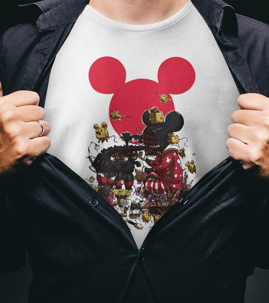 Mickey Mouse Red Circle Artist Scene With Small Characters T-Shirt