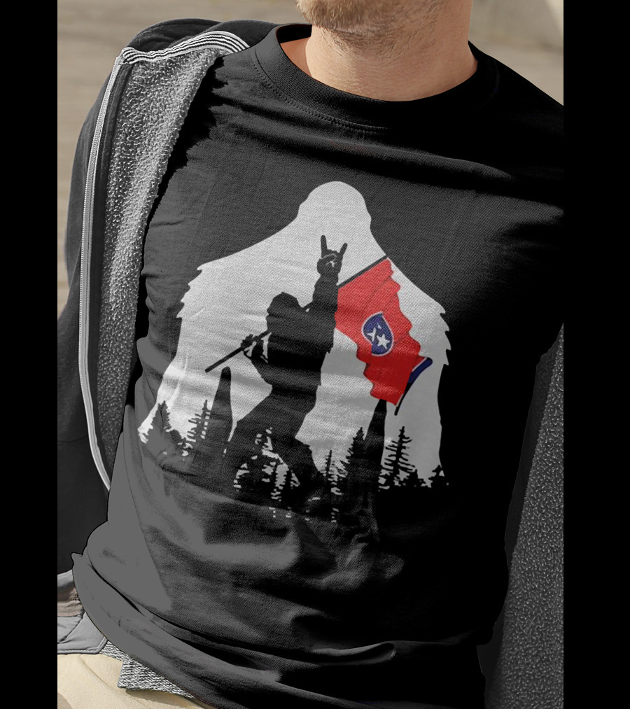 Bigfoot Silhouette With Rock And Roll Pose Holding Tennessee Flag In Forest T-Shirt