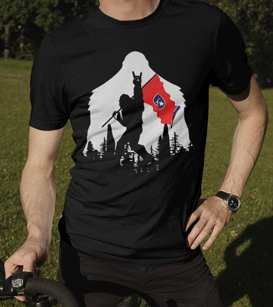 Bigfoot Silhouette With Rock And Roll Pose Holding Tennessee Flag In Forest T-Shirt