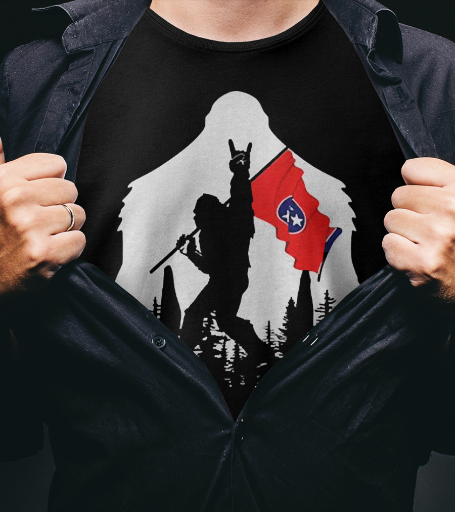 Bigfoot Silhouette With Rock And Roll Pose Holding Tennessee Flag In Forest T-Shirt