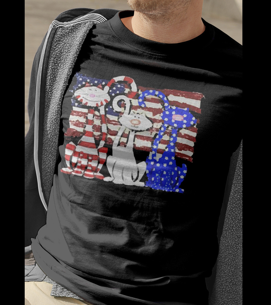 Cats With American Flag Stripes Stars Independence Day Veteran U.S T-Shirt