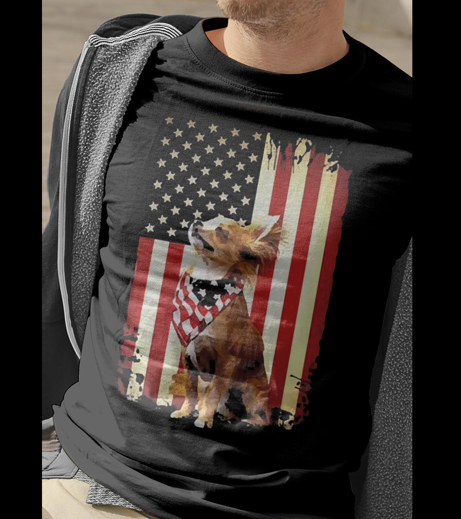 Patriotic Chihuahua With American Flag Background T-Shirt