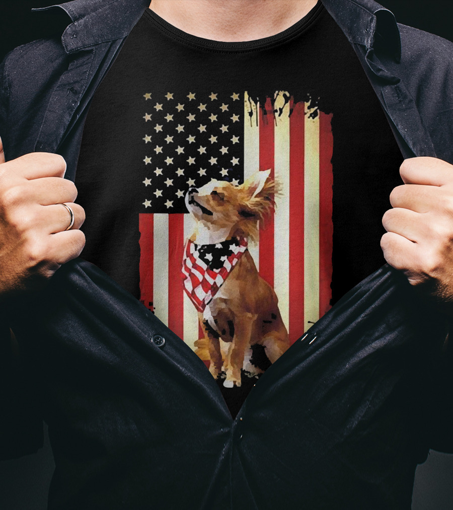 Patriotic Chihuahua With American Flag Background T-Shirt