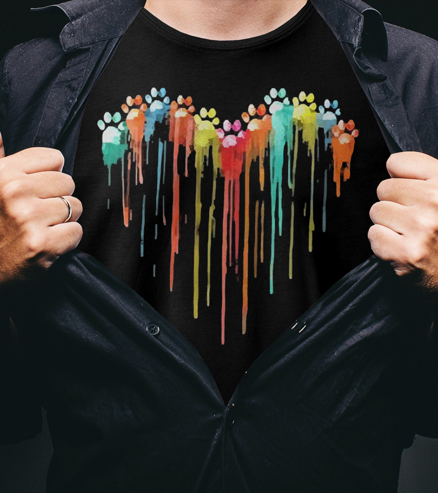 Dog Paw Heart Watercolor Rainbow Drip T-Shirt