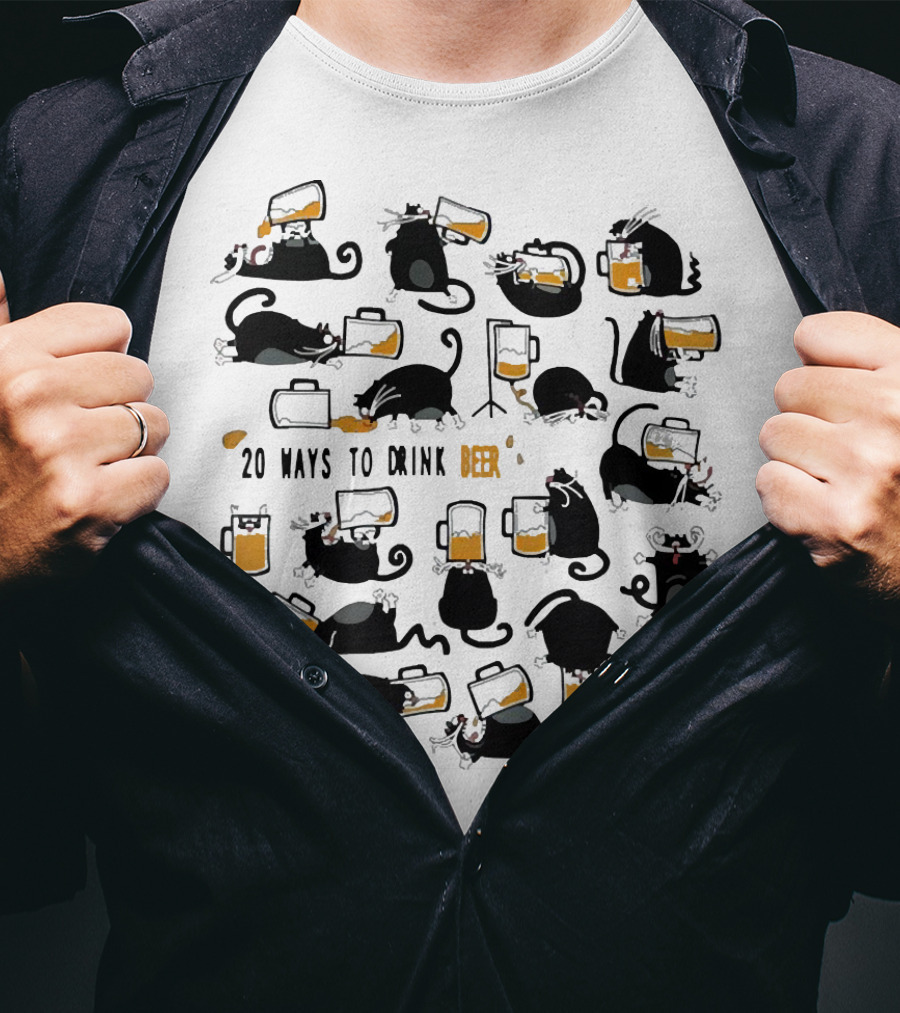 Black Cats Drinking Beer In 20 Different Ways T-Shirt