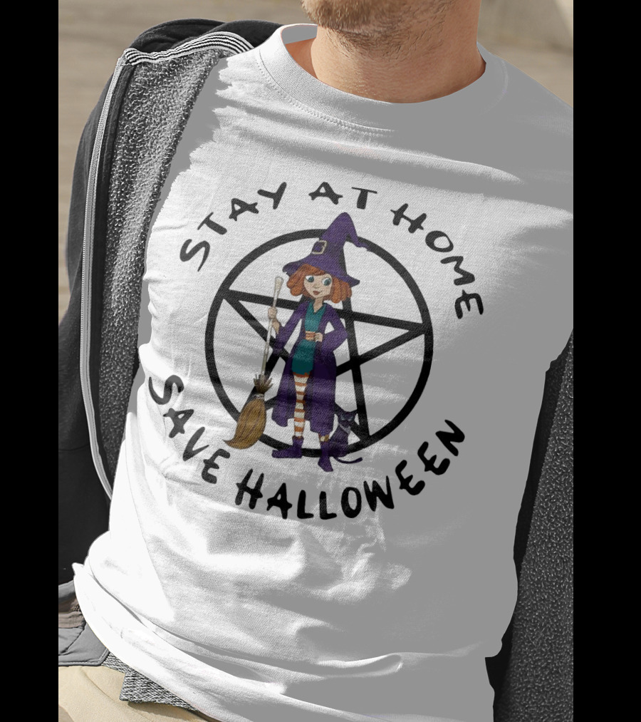 Stay At Home Save Halloween Witch With Broom And Black Cat T-Shirt
