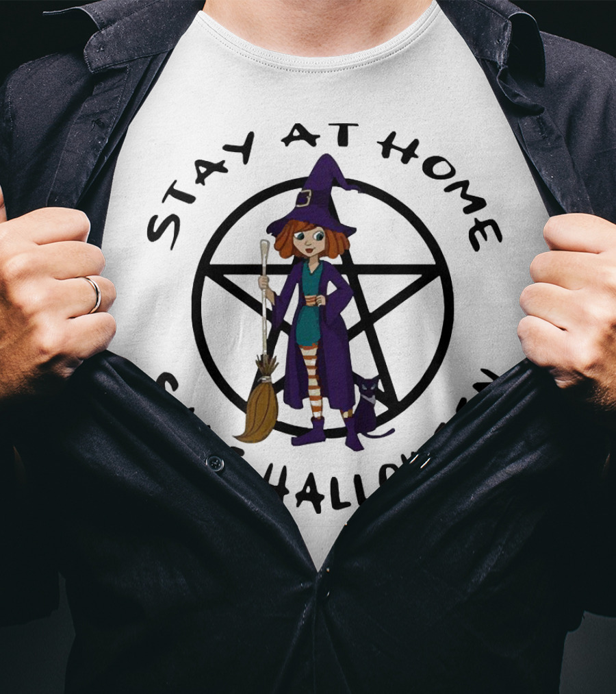 Stay At Home Save Halloween Witch With Broom And Black Cat T-Shirt