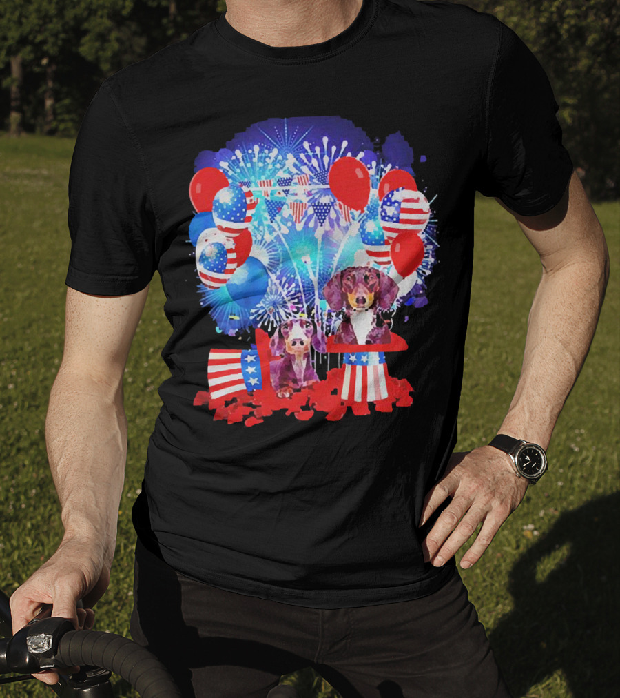 Dachshund American Flag Fireworks Balloons Independence Day T-Shirt