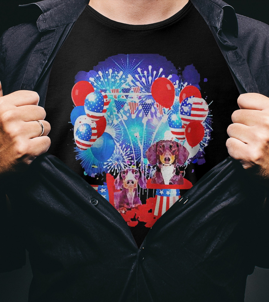 Dachshund American Flag Fireworks Balloons Independence Day T-Shirt