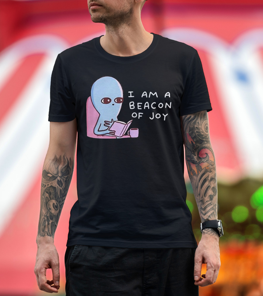 Strange Planet I Am a Beacon of Joy Alien Reading Book with Coffee T-Shirt