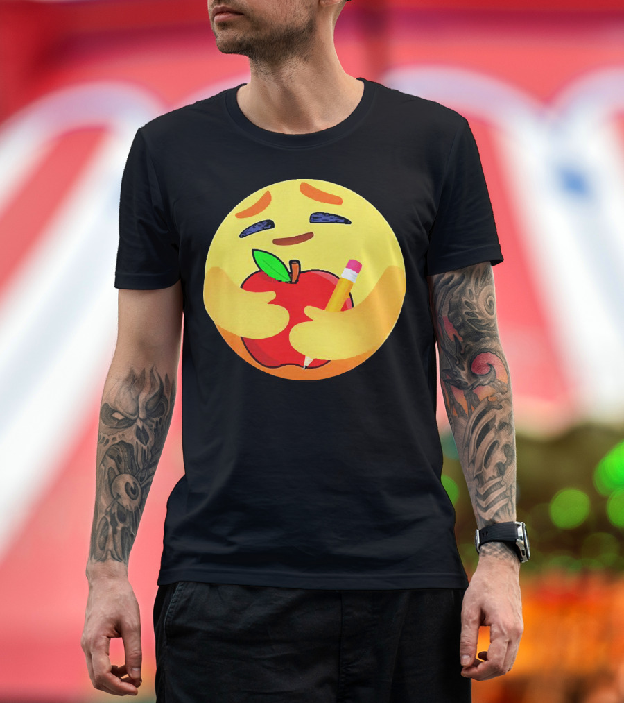 Teacher Care Emoji Hugging Apple And Pencil T-Shirt