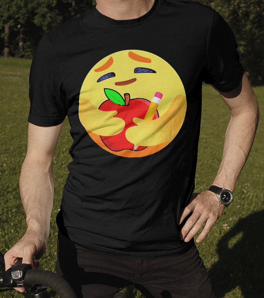Teacher Care Emoji Hugging Apple And Pencil T-Shirt