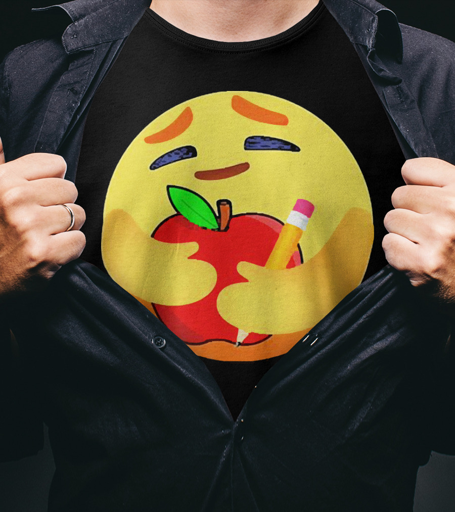 Teacher Care Emoji Hugging Apple And Pencil T-Shirt