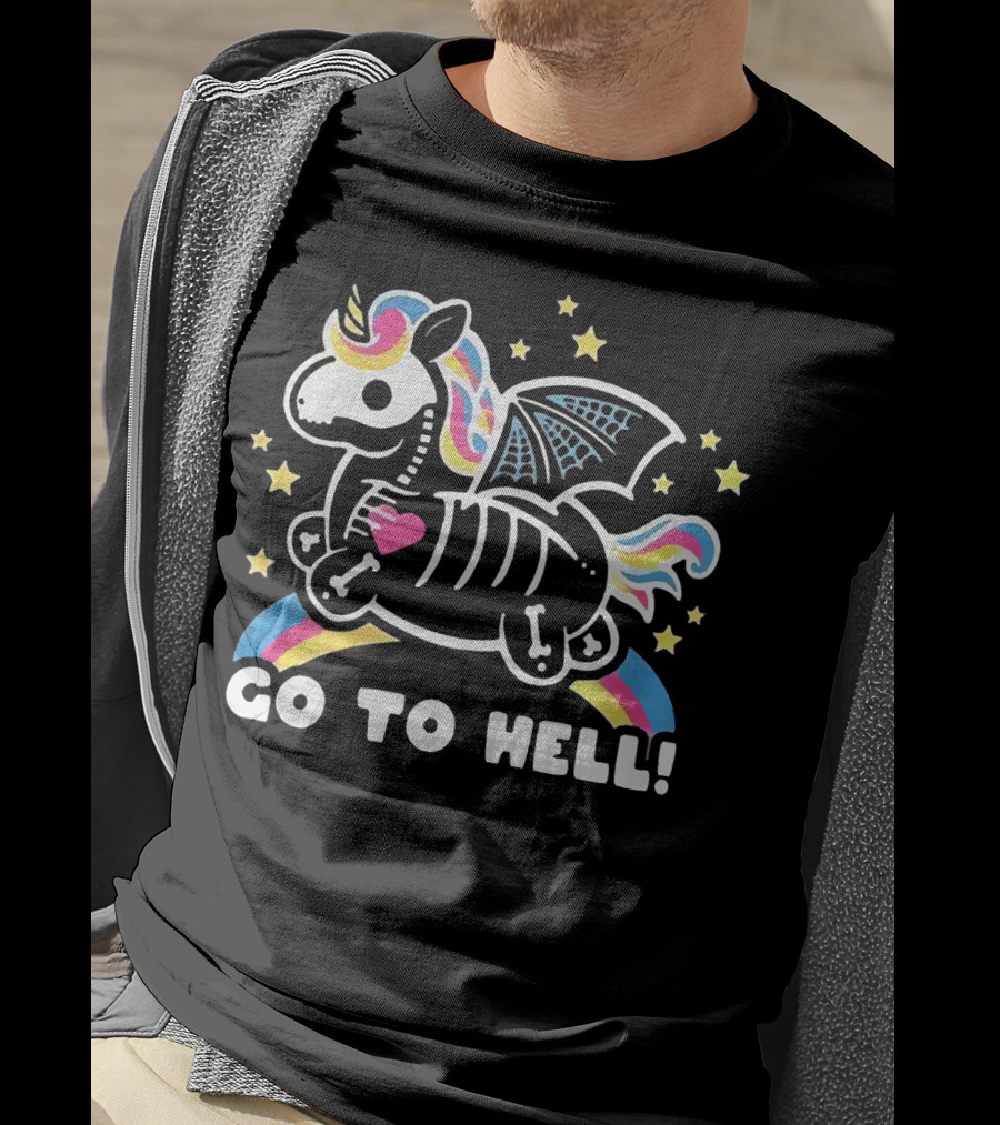 Unicorn Go To Hell Colorful Skeleton Bat Wings Rainbow Stars T-Shirt