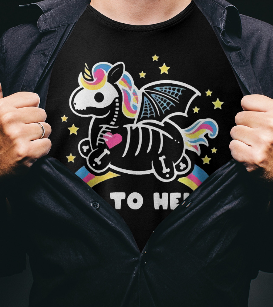 Unicorn Go To Hell Colorful Skeleton Bat Wings Rainbow Stars T-Shirt