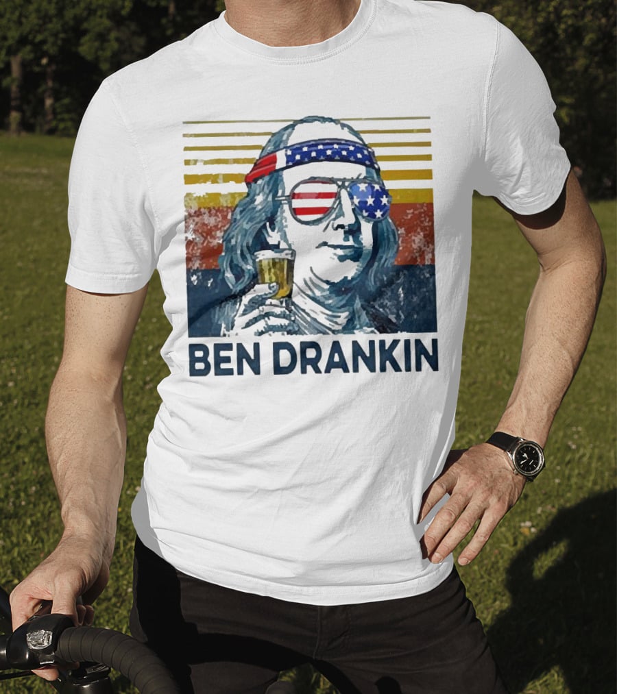 Ben Drankin Beer American Flag Sunglasses Patriotic Benjamin Franklin T-Shirt
