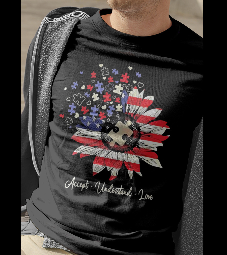 Accept Understand Love Autism Sunflower American Flag Puzzle Pieces T-Shirt