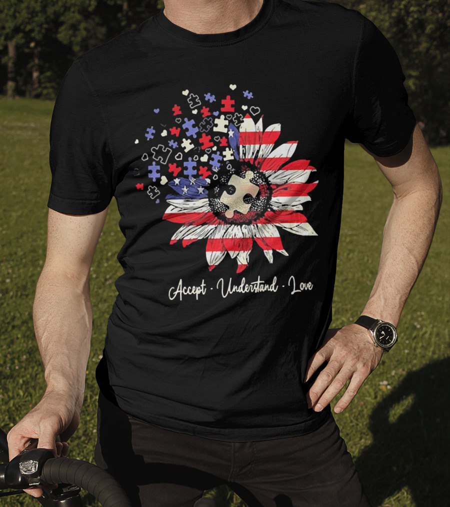 Accept Understand Love Autism Sunflower American Flag Puzzle Pieces T-Shirt