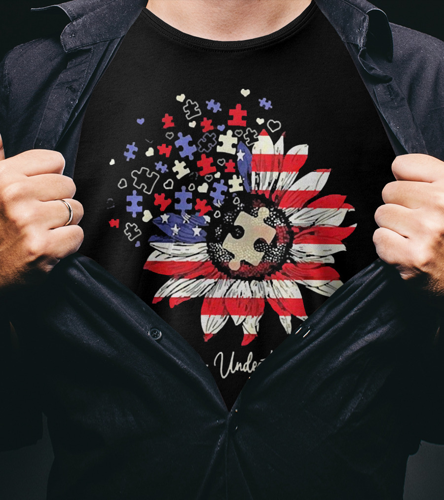 Accept Understand Love Autism Sunflower American Flag Puzzle Pieces T-Shirt
