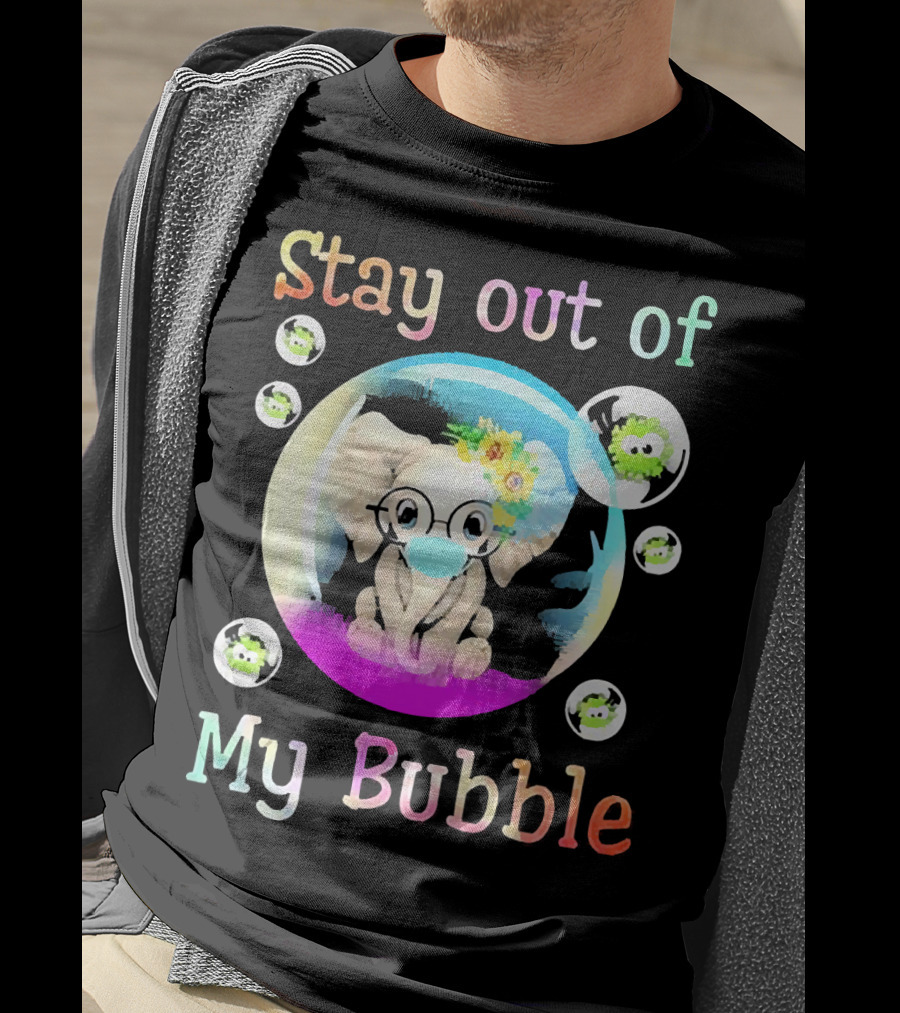 Stay Out Of My Bubble Elephant Cartoon With Face Mask And Virus Icons T-Shirt