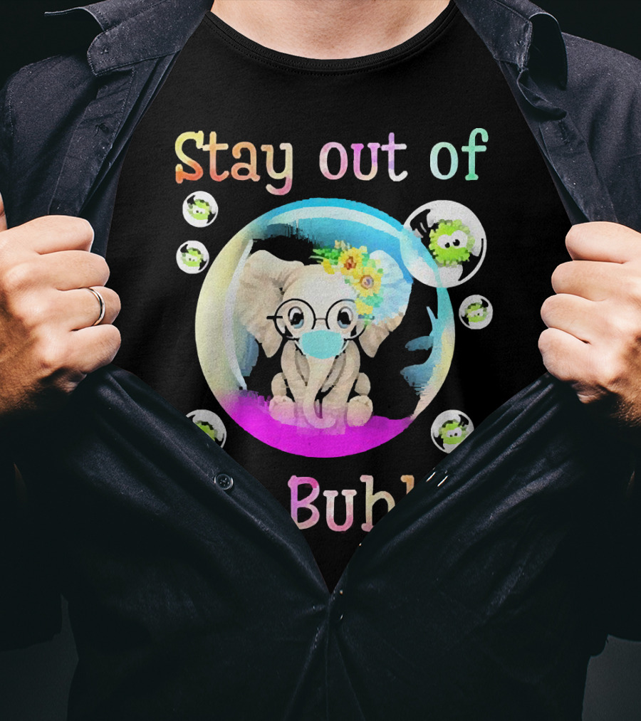 Stay Out Of My Bubble Elephant Cartoon With Face Mask And Virus Icons T-Shirt