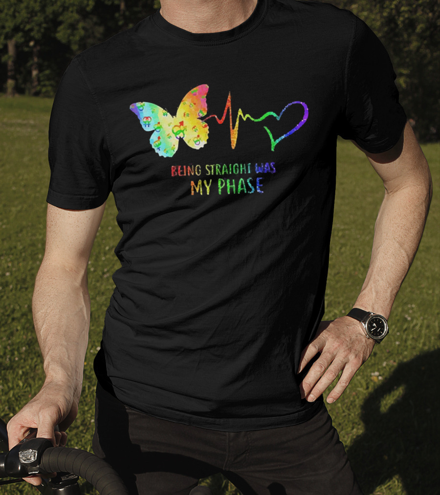 Being Straight Was My Phase Heartbeat Butterfly Rainbow T-Shirt