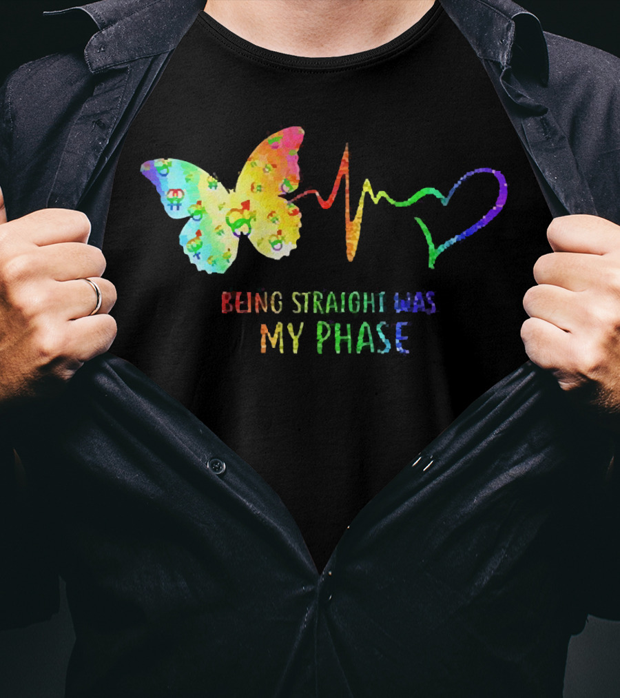 Being Straight Was My Phase Heartbeat Butterfly Rainbow T-Shirt