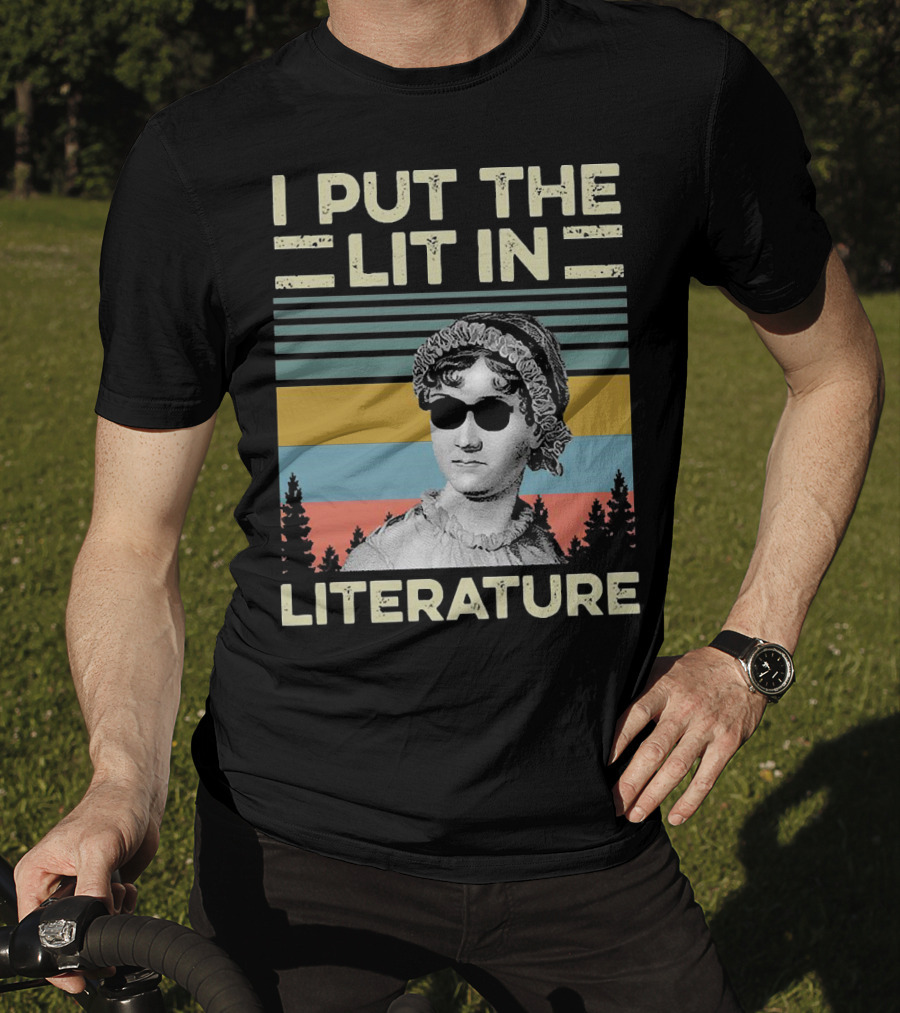 I Put The Lit In Literature Jane Austen Vintage Sunglasses Retro Forest Stripes T-Shirt