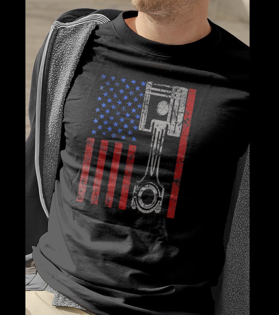 American Flag Muscle Car Piston Patriotic T-Shirt