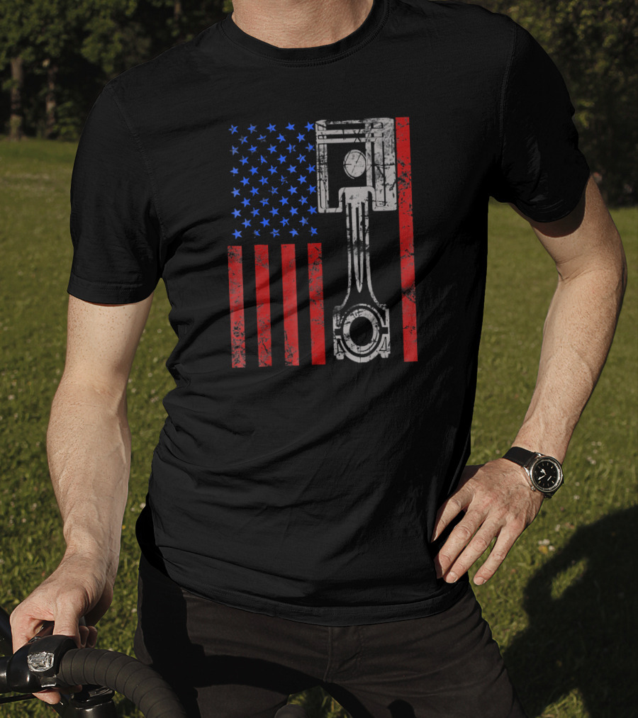 American Flag Muscle Car Piston Patriotic T-Shirt