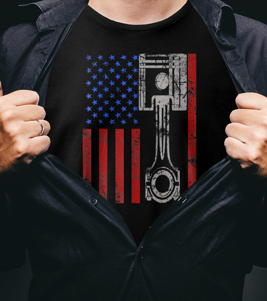 American Flag Muscle Car Piston Patriotic T-Shirt