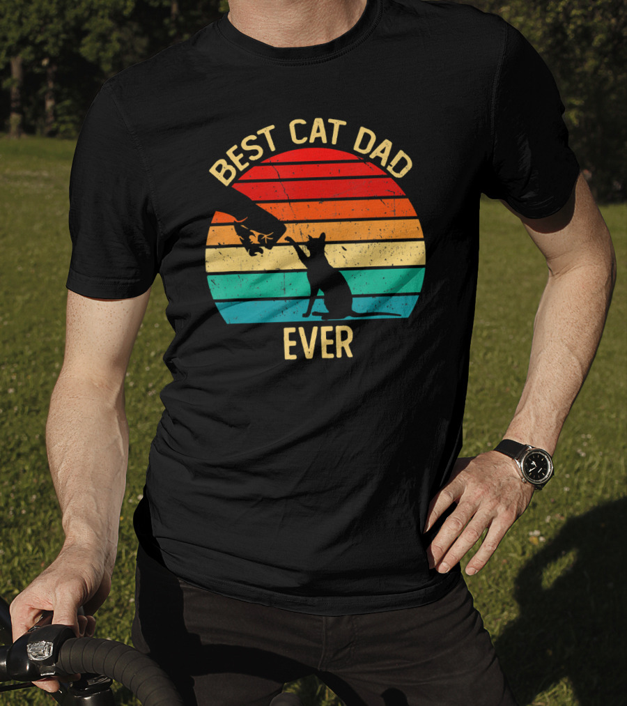 Best Cat Dad Ever Retro Vintage Paw Fist Bump Silhouette Sunset T-Shirt