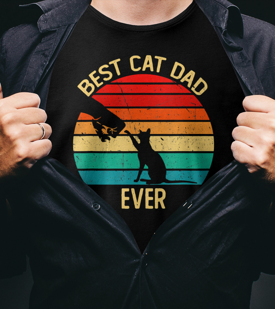 Best Cat Dad Ever Retro Vintage Paw Fist Bump Silhouette Sunset T-Shirt
