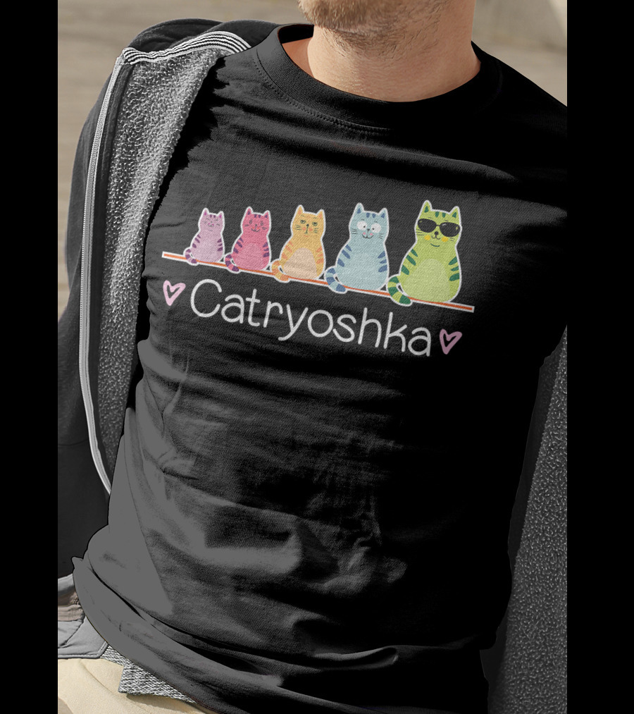 Catryoshka Cute Cats Matryoshka Russian Nesting Doll Colorful Kitty Lineup T-Shirt