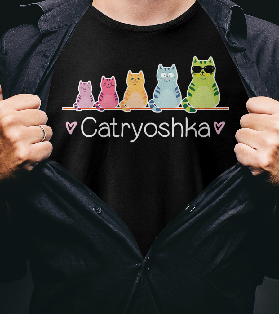 Catryoshka Cute Cats Matryoshka Russian Nesting Doll Colorful Kitty Lineup T-Shirt