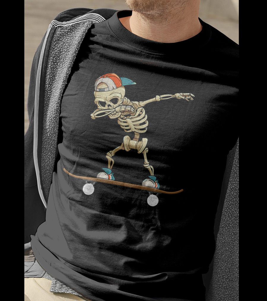 Dabbing Skeleton Skater Cool Skateboard Trick T-Shirt
