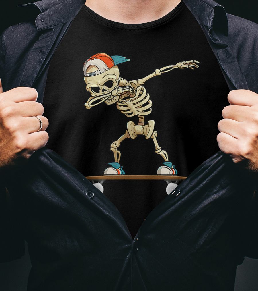 Dabbing Skeleton Skater Cool Skateboard Trick T-Shirt