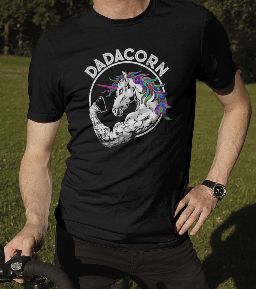 Dadacorn Muscle Unicorn Flexing Rainbow Mane T-Shirt