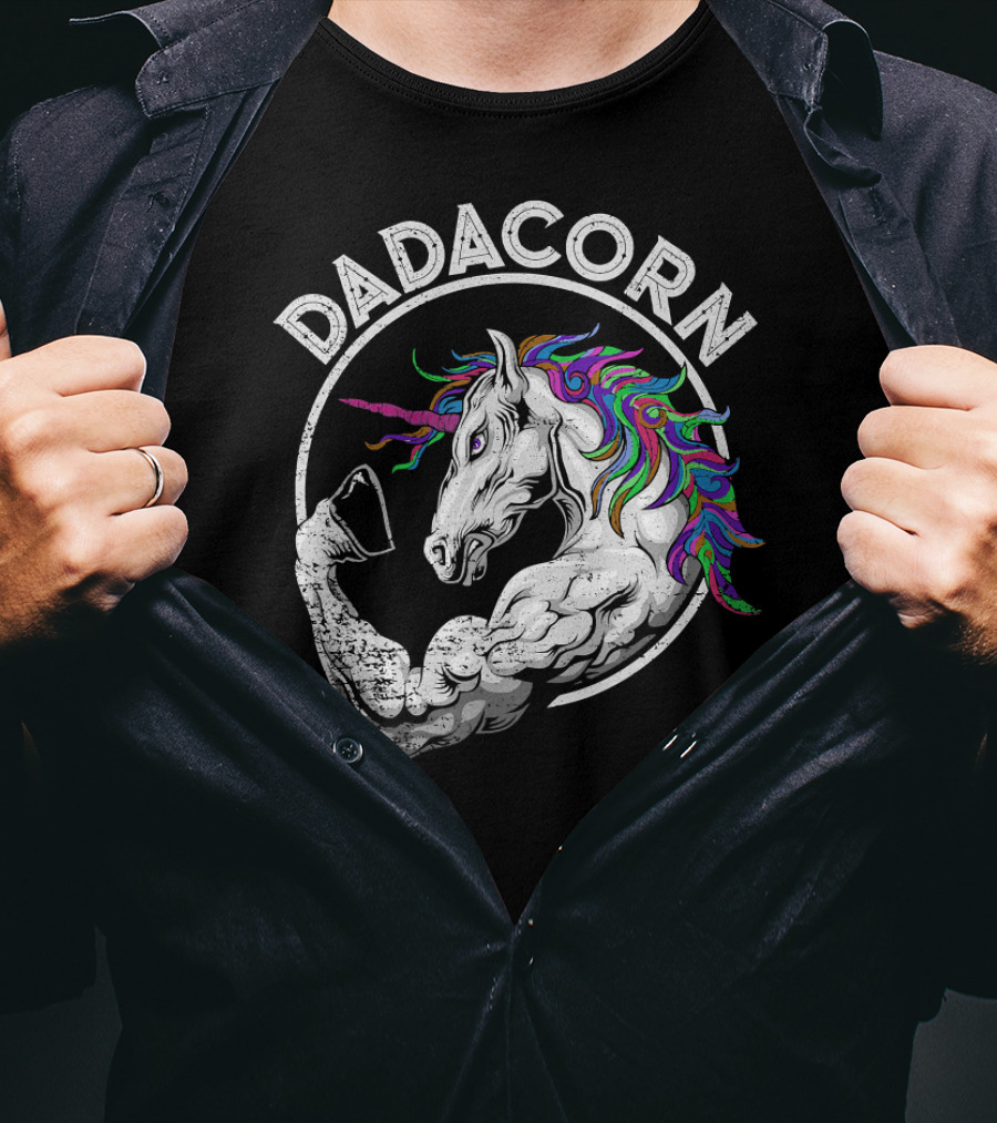 Dadacorn Muscle Unicorn Flexing Rainbow Mane T-Shirt