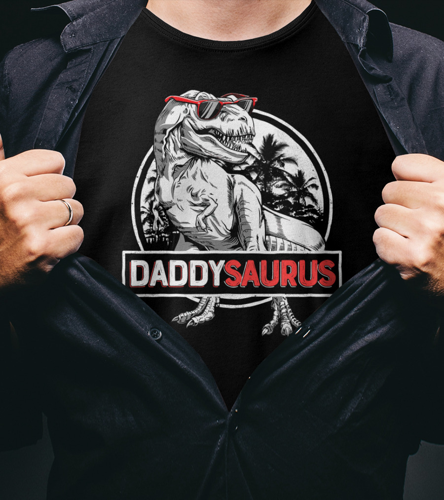 Daddysaurus Rex Daddy Saurus Dinosaur With Sunglasses And Palm Trees T-Shirt