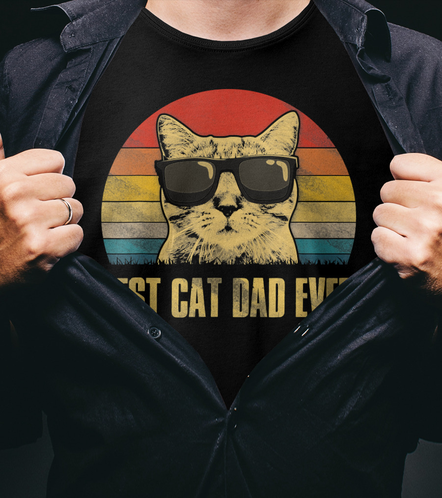 Best Cat Dad Ever Funny Cat Dad Father Retro Sunglasses T-Shirt