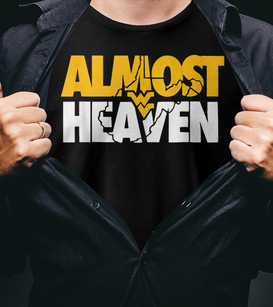 Almost Heaven West Virginia Bold Text With State Silhouette And Mountain Elements T-Shirt