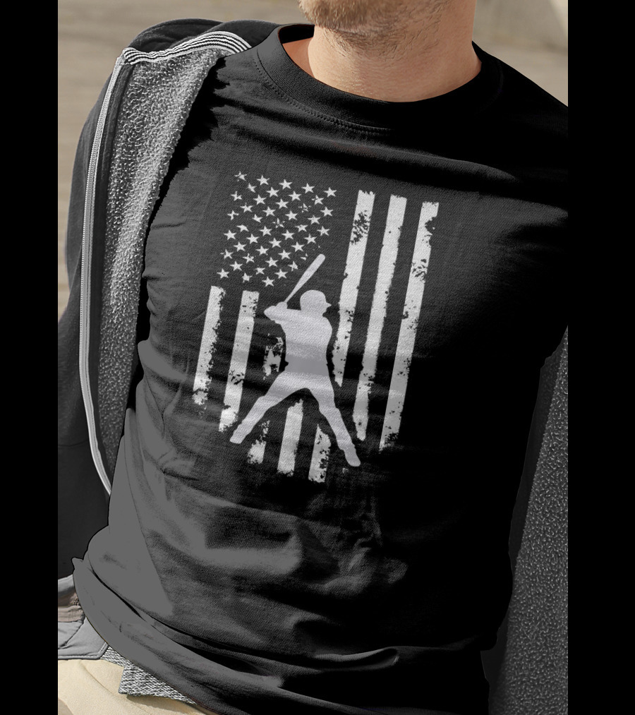 American USA Flag Distressed Baseball Player Hooded Top T-Shirt