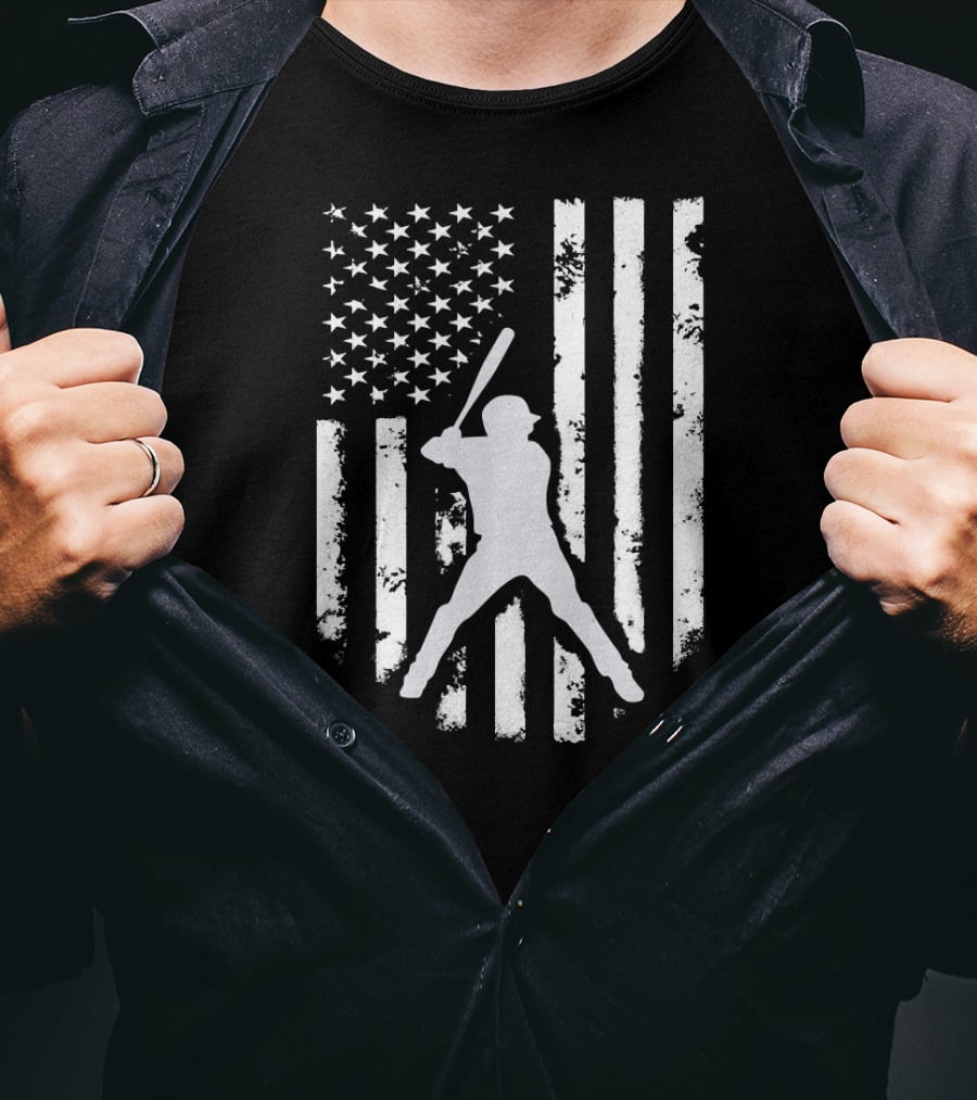 American USA Flag Distressed Baseball Player Hooded Top T-Shirt