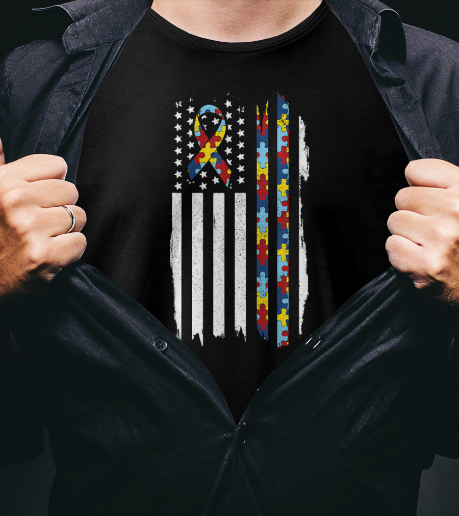 Autism Awareness Month Autistic Pride Ribbon American Flag Puzzle Pieces T-Shirt