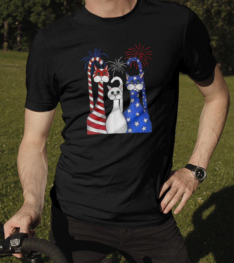 Patriotic Cats American Flag Paws USA Fireworks T-Shirt
